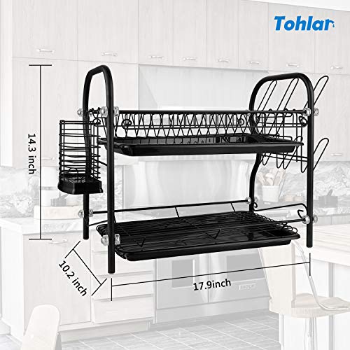 Dish Drying Rack, 2-Tier Kitchen Organizer with Drain board/Cup Holder, Dish Rack Matte Black Tohlar - Thumbnail 3