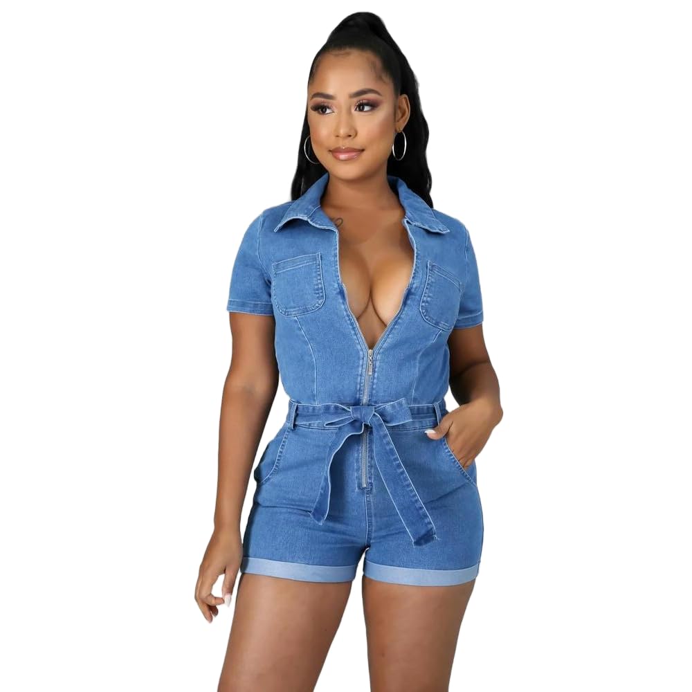 JJDFW Denim Bodycon spodenki na co dzień dżinsy ogólny zamek błyskawiczny dekolt w serek krótki rękaw kokarda pasek pajacyki denim krótki kombinezon kobiety