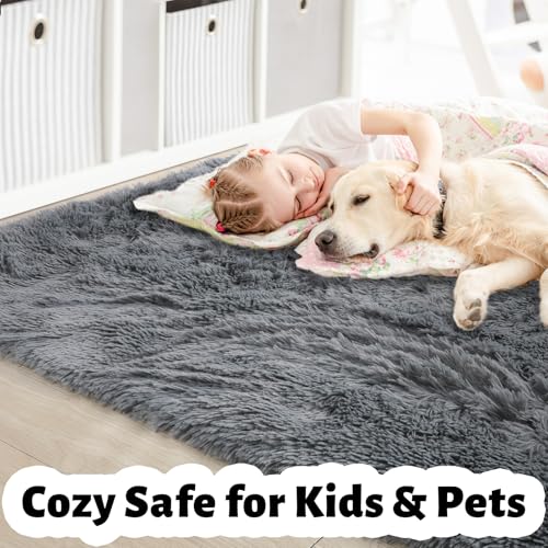 Amdrebio Grey Modern Fluffy Living Room Rugs,5x8 Rug,Furry Area Rug for Bedroom,Shaggy Indoor Rug for Kids Room,Plush Fuzzy Rug for Living Room Decor,Soft Farmhouse Carpet for Home Office Playroom