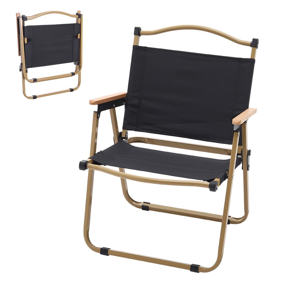 Warmiehomy Folding Camping Chair, Lightweight Folding Beach Chair with Aluminium Frame & Oxford Cloth, Portable Compact Camp Chair with Wooden Armrests for Beach Picnic Travel Fishing (Khaki, Large)