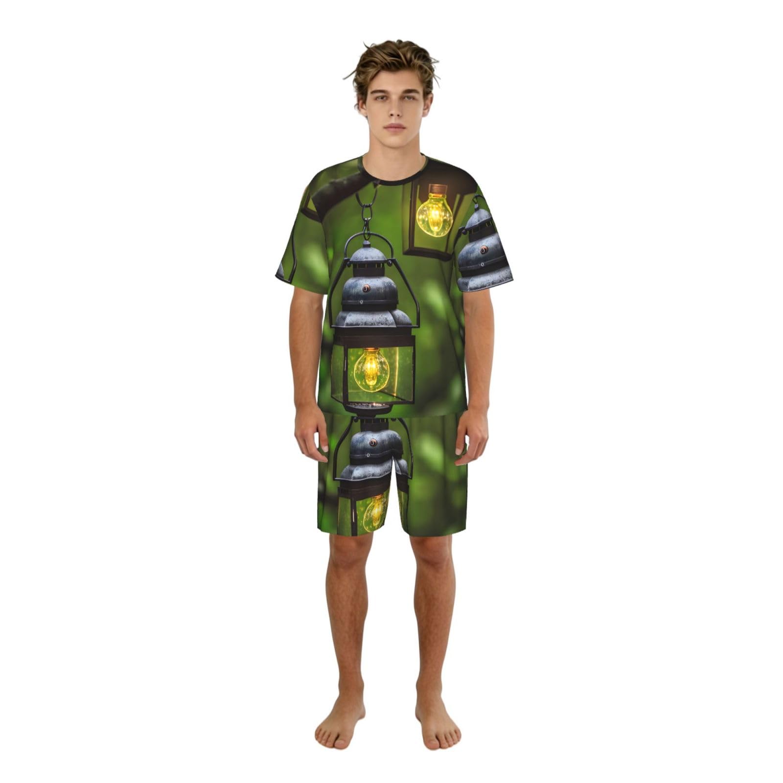 Conjunto de pijama clásico con estampado de luciérnagas y linternas, pantalones cortos de pijama suaves para hombre, perfecto para las noches de verano