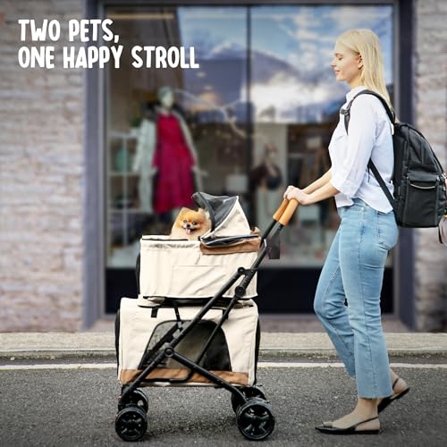 Image of Double Pet Stroller with Detachable Carriers - Ideal for 2 Dogs or Cats - Compact & Convenient Design - Easy Assembly Double Dog Stroller - Cosmic Beige