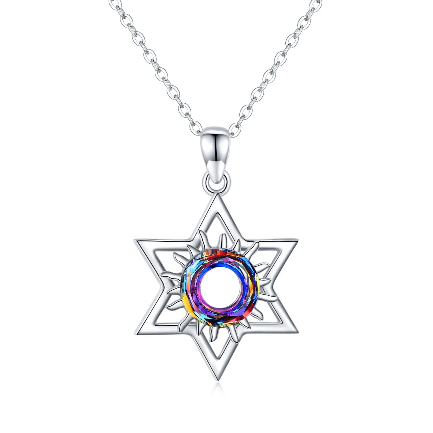 Collana con stella di David S925 in argento Sterling con ciondolo a forma di sole, collana di cristallo, gioielli Wiccan regalo per donne e ragazze, Argento sterling