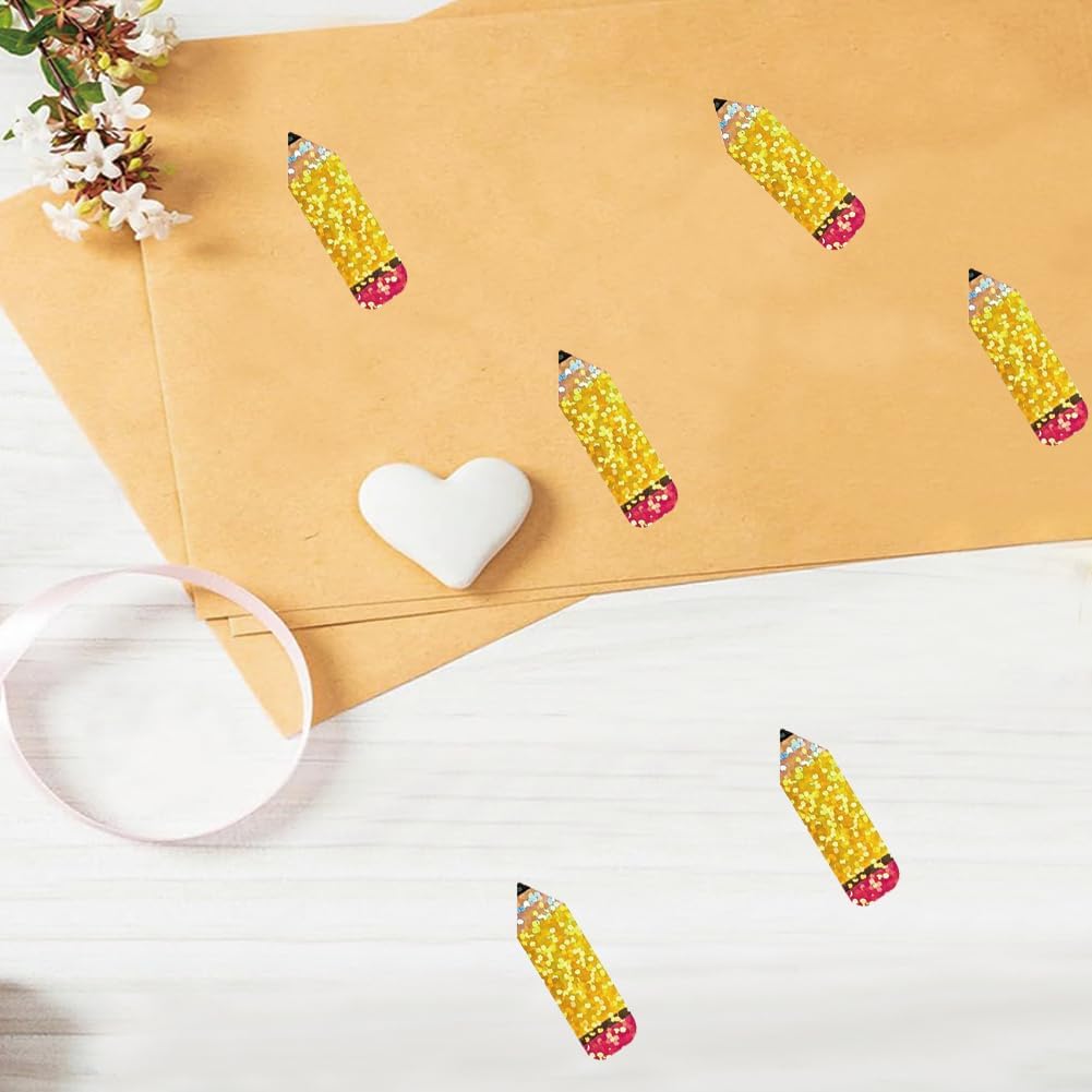 500Pcs Back to School Pencil Stickers Roll 1in Laser Pencil Waterproof Decals Self-Adhesive Sparkly Stationery Stickers for First Day of School Party Supplies Envelope Scrapbook Decorations image 5