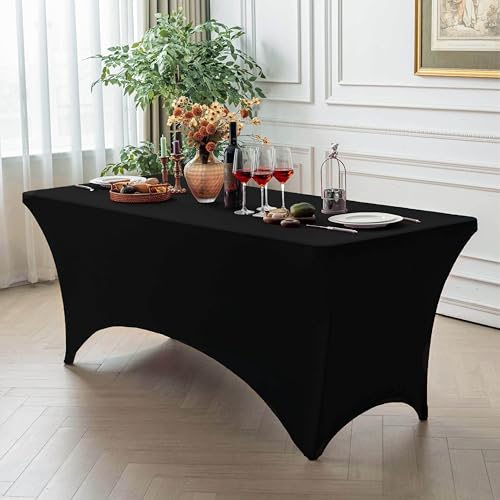 Image of FOLINS&HOME Black 8ft Fitted Water Resistant Tablecloth with Spandex | Washable Elastic Rectangle Table Cover for 8 Foot Folding Tables, Stretch Table Cloth for Weddings, Banquets, Parties