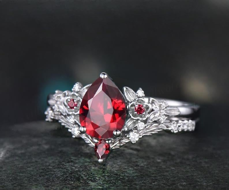 Generic pear red ruby engagement ring twig leaf floral antique unique cluster diamond bridal wedding ring set women gift