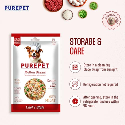 Image of Purepet Fresh Dog Food Mutton Biryani, for Adult & Puppy, 100gm | High Protein, 65% Real Meat, 35% Veggies & Rice | No Preservatives | Ready to Serve | All Breeds | One Pack One Meal (Pack of 12)