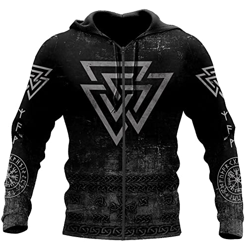 Norse Vintage Valknut 3D Tattoo Hoodie, Viking Warrior Vegvisir Zip Sweatshirt Casual Pullover Streetwear Tracksuit,Zip,XXL2