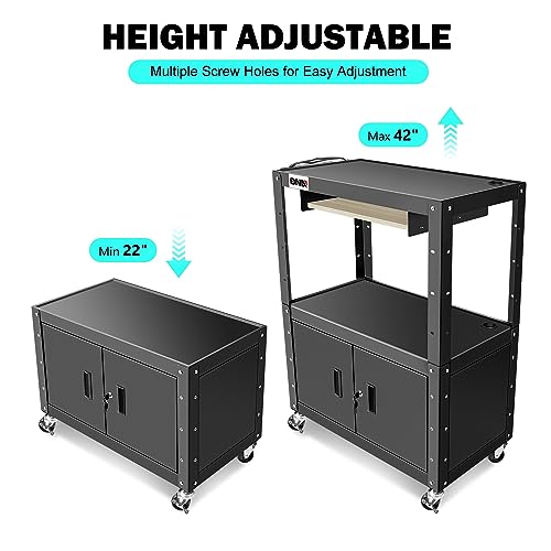 Image of DNA Motoring Steel AV Cart with Extra Storage Cabinet, 30.8 inch x 18 inch x 22 inch-42 inch Height Adjustable Rolling Projector Utility Cart, TOOLS-00293