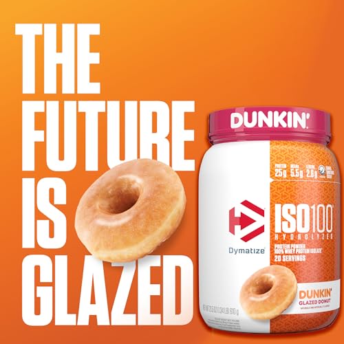 Image of Dymatize x Dunkin' Glazed Donut ISO100 Whey Protein Powder, 25g of Protein, 5.5g BCAAs, 120 Cal., Gluten Free, 1g Fat, 1g Sugar, 2g Carb (20 Servings)