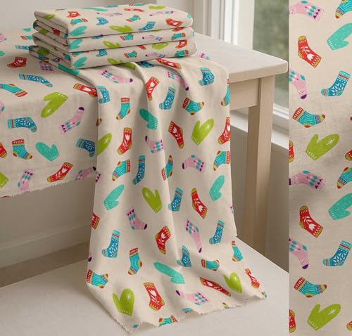 Image of Soimoi White Cotton Poplin Fabric Socks & Gloves Folk Art Print Fabric by Meter 56 Inch Wide