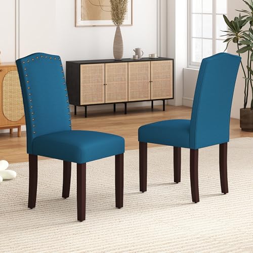 LSSBOUGHT Dining Chairs Set of 2,Upholstered Parsons Dining Room Chairs Fabric Kitchen Chairs with Solid Wood Frame and Nailhead Trim(Blue)