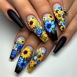 EYZOTSF Press on Nails Coffin Shaped Acrylic Extra Long Square False Nails with Designs Artificial Long Length Coffin Fake Nails with Charms Glue Stick ons Fingernails for Women Girls(Y733)