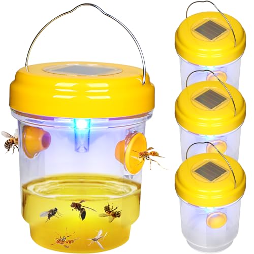 Wasp Traps Outdoor Hanging, Solar Bee Trap 4 Packs, 2025 Upgrade Wasp Deterrent Killer, Carpenter bee Catcher for Outside, Flying Insect Traps Reusable Yellow Jacket Hornet Catchers with LED Light