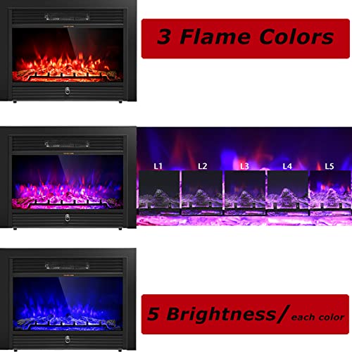 GLACER 750/1500W Electric Fireplace Wall Mounted Insert 28.5 Inch Heater with 2 Heat Levels, 3 Flame Visual, 5 Brightness Modes, Thermostat, Timing Function, Remote Control, Black