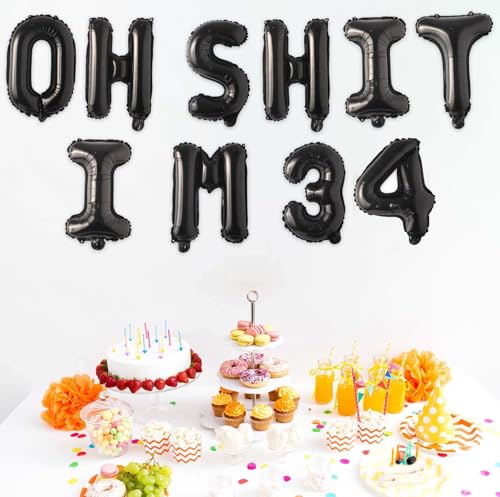 Image of Oh I'm 34! Latex Balloons 16 Inch Black Hallo Thirty four Cheers to 34 Years Old Theme Decor for Man Woman Happy 34th Birthday Party Photo Studio Prop Flag Decorations Favors Supplies