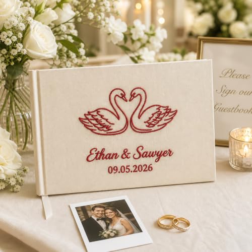 Image of Custom Embroidered Wedding Guest Book with Name & Pattern Linen Cover Album