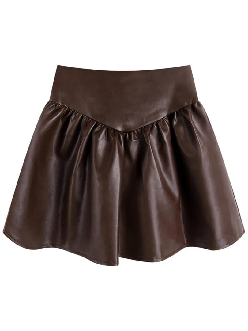 Minifalda plisada de piel sintética para mujer, cintura alta, estilo preppy, falda corta acampanada, moda coreana