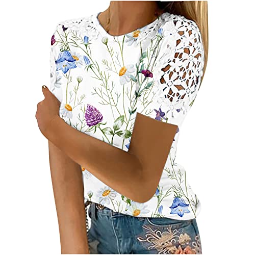 R-037 White Crew Neck Spandex Tops for Women Summer Fall Lace Eyelet Short Sleeve Flower Print Loose Fit Long Brunch Tops Shirt Blouse Womens 2024 Clothing Trendy TV S