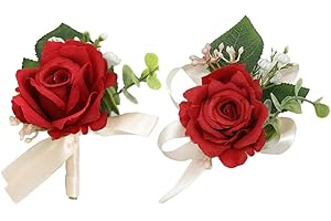 Scarlet Elegance: Red Corsage and Boutonniere Set for Bridal Bliss