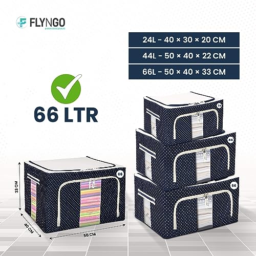 Image of FLYNGO Fabric Foldable Steel Frame Clothes Organizer Storage Box for Wardrobe, Saree, Shirts, and Blankets (66 Ltr - Pack of 4)