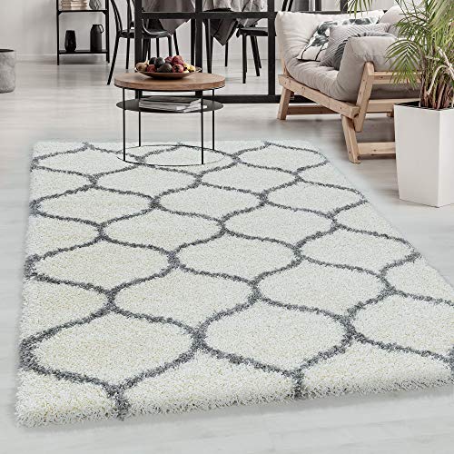 Carpetsale24 Hochflor Teppich Läufer 80x150 cm Creme Modern Skandinavisch Geometrisches Design Shaggy Flauschig Weich Pflegeleicht für Flur Eingang Küche Schlafzimmer