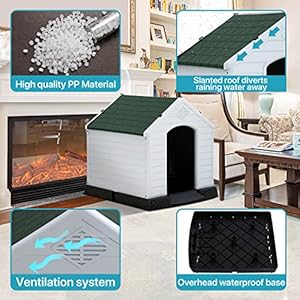 Large Dog House Indoor Outdoor Waterproof Ventilated Plastic Dog House Pet Shelter Cage with Ventilation and Elevated Flooring, Suitable for Small Medium and Large Dogs, Easy to Assemble, Green