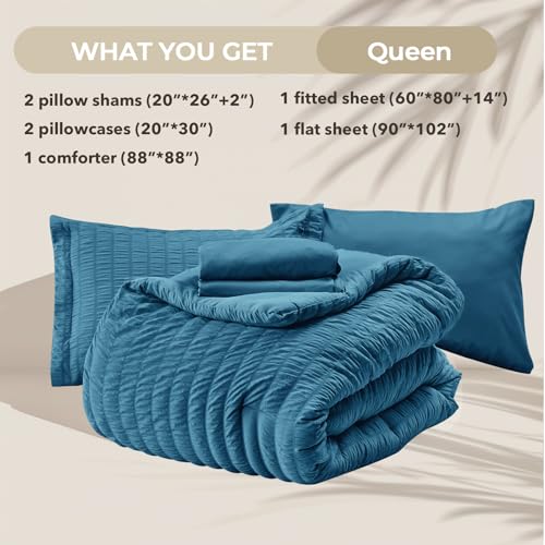 Image of HYMOKEGE Teal Queen Comforter Set Seersucker 7 Pieces, All Season Luxury Bed in a Bag for Bedroom, Bedding Set with Comforters, Sheets, Pillowcases & Shams