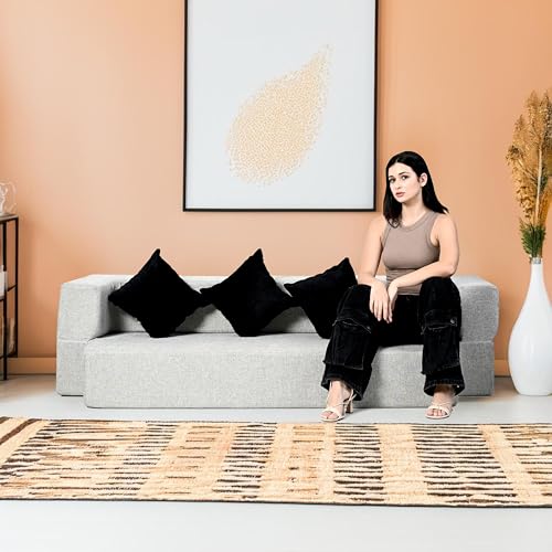 Image of Seventh Heaven 4 Seater Sofa Bed 78x44x10 inch Jute Fabric with 4 Cushions 4 Seater Double Foam Fold Out Sofa Cum Bed (Finish Color - White. Delivery Condition - Pre-Assembled)