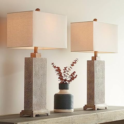360 Lighting Caldwell Rustic Farmhouse Table Lamps 26 3/4" Tall Set of 2 Earth Tone Faux Wood Hammered Oatmeal Fabric Rectangular Shade for Bedroom Living Room House Home Bedside Nightstand Cover