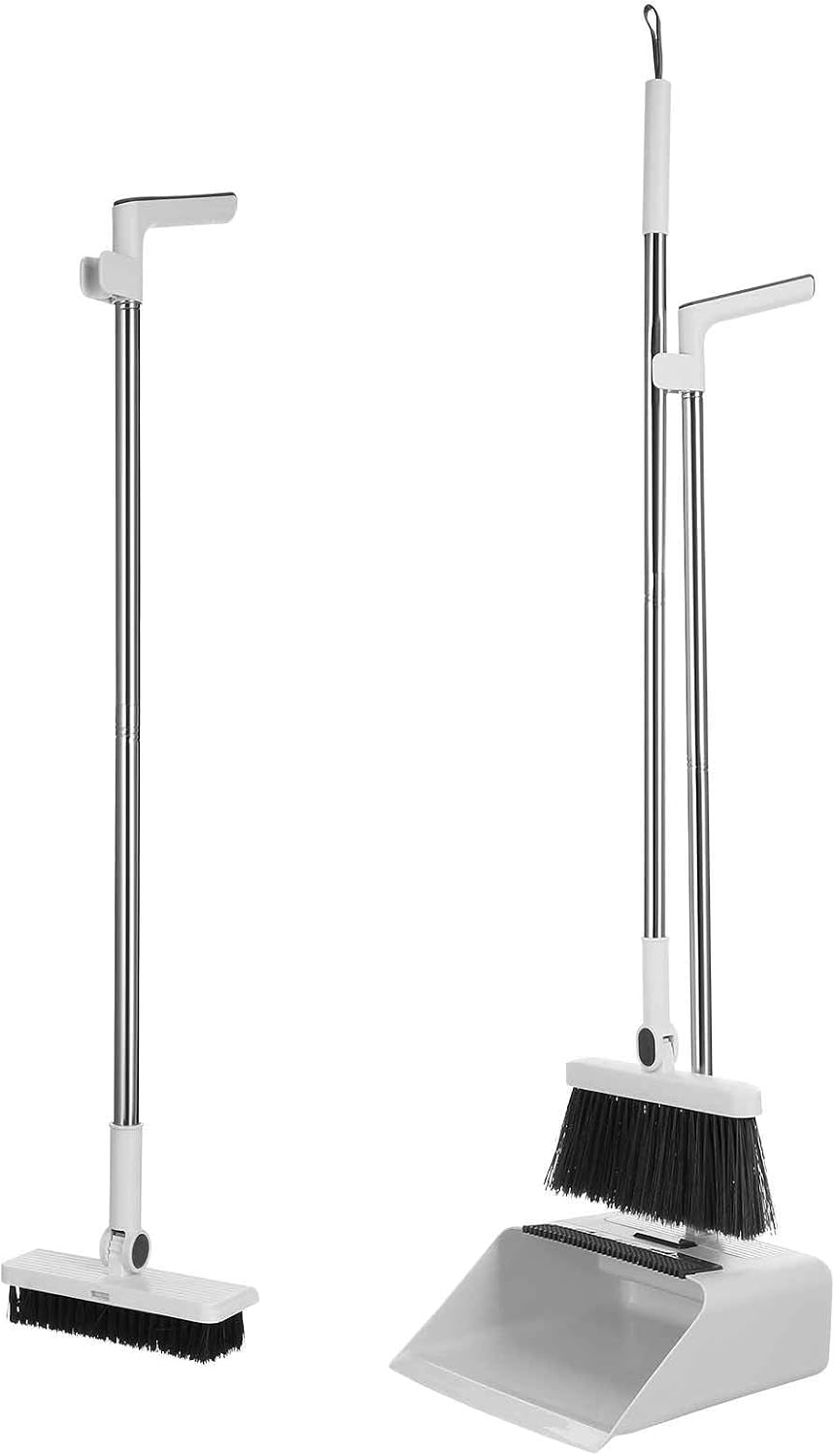 KOMBIUDA 3-in-1 Multi-Function Broom Kit with Long Handle, Curved Grip, and Shared Dustpan for Indoor and Outdoor Cleaning, White Plastic Sweeping Set for Kitchen and Home Use