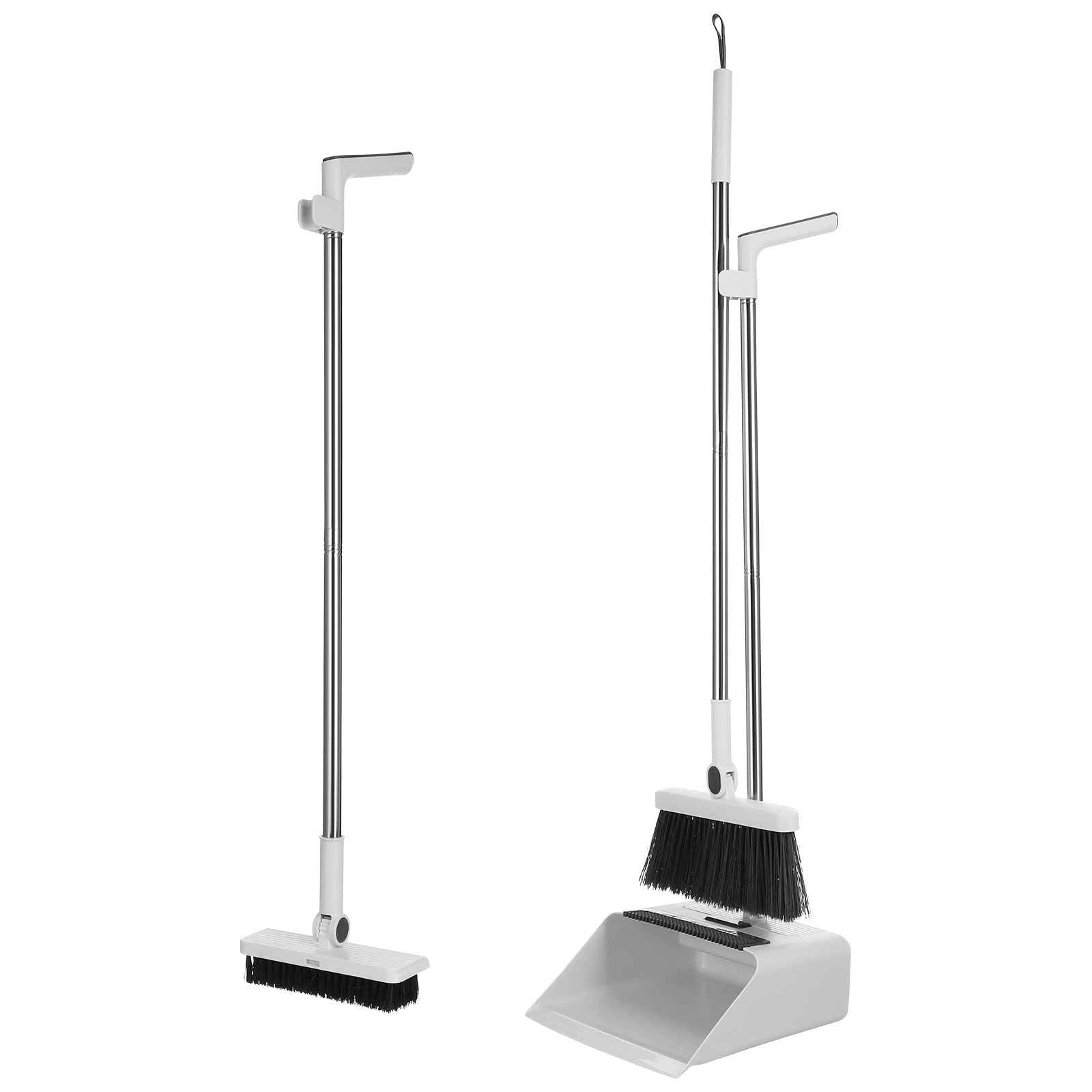 Juego De Escoba y Recogedor 3 1 Blanco, con Mango Largo y Ergonómico, Escoba Densa De Cerdas Suaves, Recogedor Plegable con Dientes Retráctiles, Adecuado para Interiores y Exteriores
