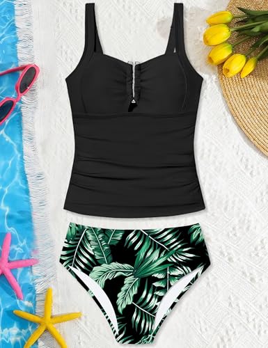 Girls Swimsuit Two Piece U-Shaped Ring Linked Cutout Ruched Tankini for Girls Bathing Suit Tropical Swim Shorts 9-16Y4