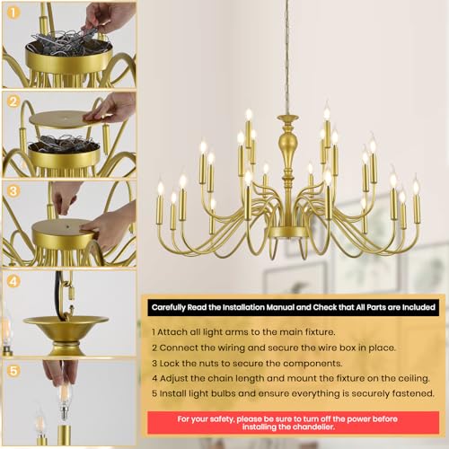 24 Light Gold Chandelier Large Farmhouse Chandeliers for High Ceiling Foyer, Extra Large Round Rustic Gold Chandelier 3-Tier for Living Room Dining Room Stairs Entry Restaurant Hotel -42.5 in by Shandaglo - Image 5
