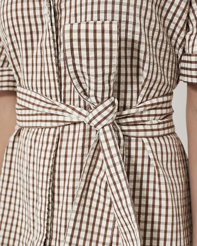 Women's Half Sleeve Plaid Midi Dress Collar V Neck Belted Casual Button Down Long Loose Dress2
