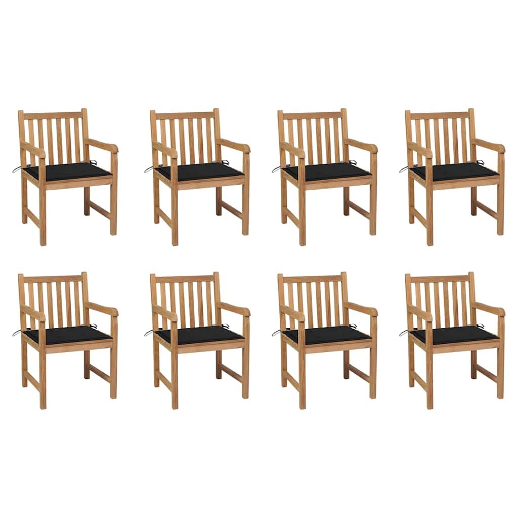 Sedie da giardino, 8 pezzi, con cuscini neri, in legno massello di teak