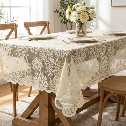 Artoid Mode Nappe de printemps, motif de dahlias, en dentelle, jacquard, fleurs, beige, 150 x 213 cm, linge de table saisonnier, pour l'été, la cuisine, la décoration...