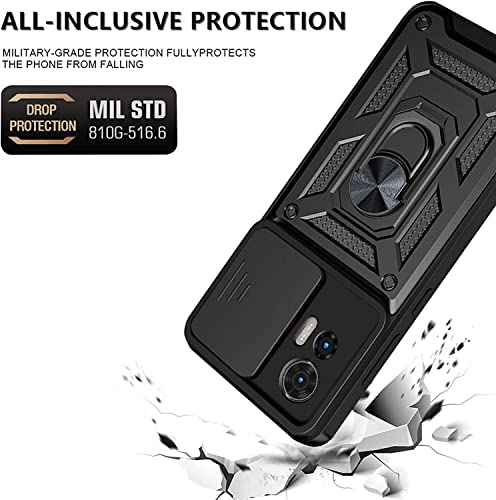 Image of Heavy Duty Back Case Cover for Moto Edge 20 Fusion 5G, Shockproof Moto Edge 20 Fusion Back Cover, Ring Case with Kickstand and Camera Protection Shutter - Black