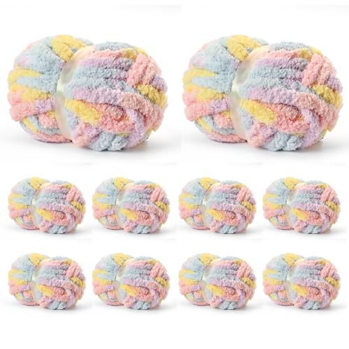 Image of 10 Pack Jumbo Chunky Yarn for Hand Knitting, Fluffy Variegated Chunky Chenille Yarn for Crocheting, 240yds /70.5oz Super Bulky Soft Crochet Baby Blanket Yarn(Macaron)