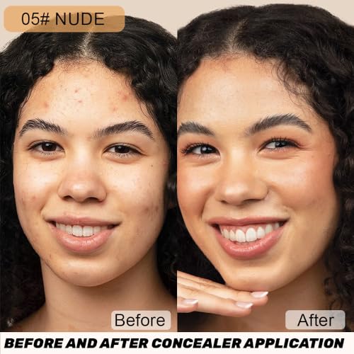 Image of Under Eye Concealer + Brush, 24H Full Coverage Brightening Concealer For Dark Circles, Fine Lines, Anti-Aging Color Correcting Cream - 0.4 fl oz (05#Nude+Brush)