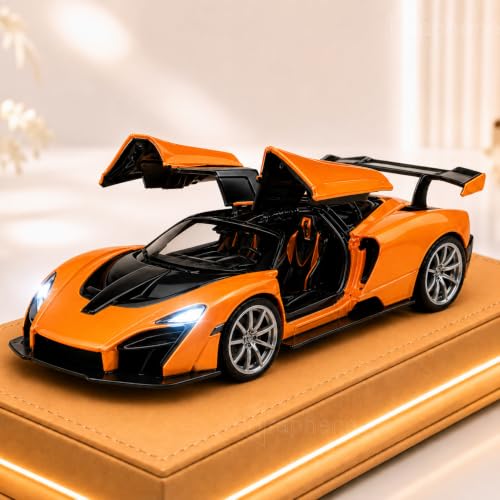 Image of GRAPHENE 1:32 Scale Diecast Pullback Metal Toy Car for Boys High Speed Friction Premium Realistic Model Sports Car Miniature Openable Doors Trunk Light Music Best Gift for Boys Girls for 2+ (Orange)