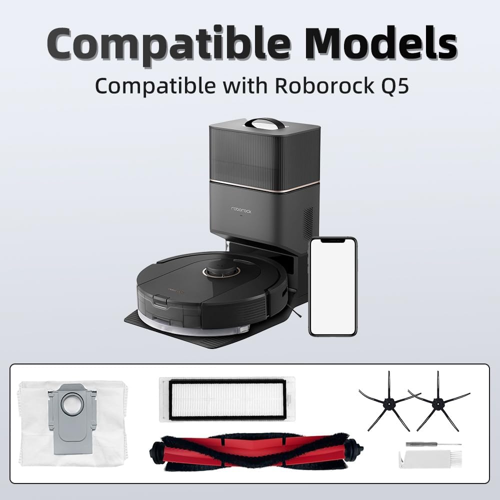 20Pcs Q5 Accessories Kit Replacement Compatible with Roborock Q5 Robot Vacuum, 2 Main Brush, 6 Side Brushes, 4 HEPA Filters, 6 Dust Bag, 1 Cleaning Tool