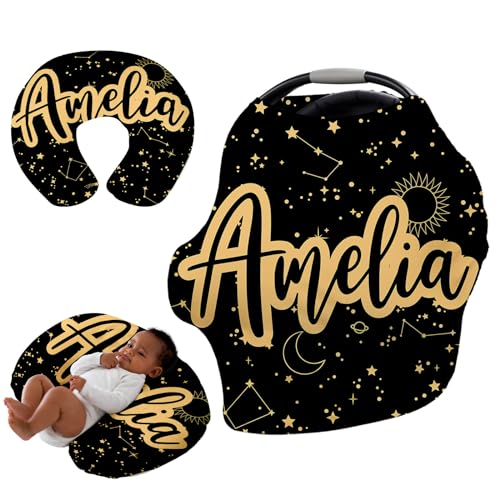 Image of Custom Name Car Seat Canopy - Baby Car Seat Covers, Black Star Infant Stroller Cover, Carseat Canopy Christmas Birthday Gifts for Girls and Boys