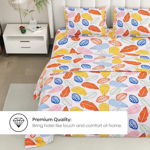 Image of Rivermoor 200 TC Ultrasoft Bedsheet for Double Bed | Queen Size Bed Sheet with 2 Pillow Covers | Floral Leaves Print | 88 x 96 Inches | Breathable & Hypoallergenic