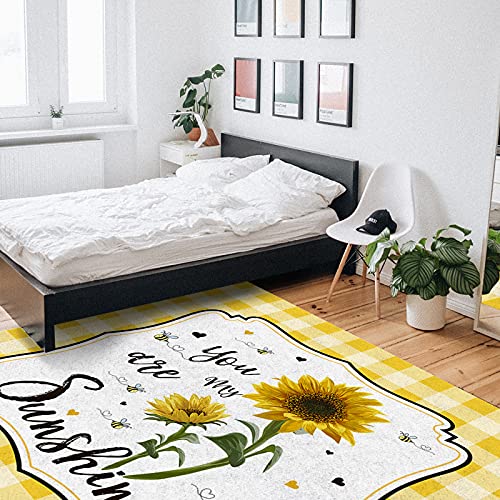 Sunflower Area Rug For Bedroom Living Room- Yellow Sunflower And Bees Yellow And White Plaid Contemporary Floor Carpet Comfy Runner Rug Nursery Playmats Home Decor Mat, #TOP5