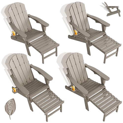 GREENVINES Adjustable Adirondack Chair with Retractable Ottoman Set of 4 | Folding | Wood Grain HDPE Plastic | Fire Pit Chairs w/Foot Rest | 2 Cup Hol