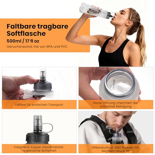 TSINGSA Laufweste Damen und Herren, Leicht&Atmungsaktiv Trinkweste, Verstellbarer Brustgurt Großvolumige Taschen, Laufrucksack mit 500ml Trinkflasche für Joggen Wandern Bergsteigen Radfahren Marathon