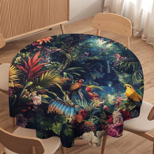 asbwuo Mantel Redondo con Estampado de Loros, Flores y Hojas, Lavable, Ideal para la Cocina, el Comedor, Exteriores y decoración navideña. 70 Pulgadas.