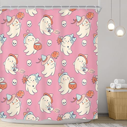 Image of Pink Halloween Shower Curtain Funny Ghost Cute Skull Pumpkin Bathroom Decor | 72 X 72 Inches Halloween Home Decor Fabric Polyester Waterproof 12 Pack Hooks