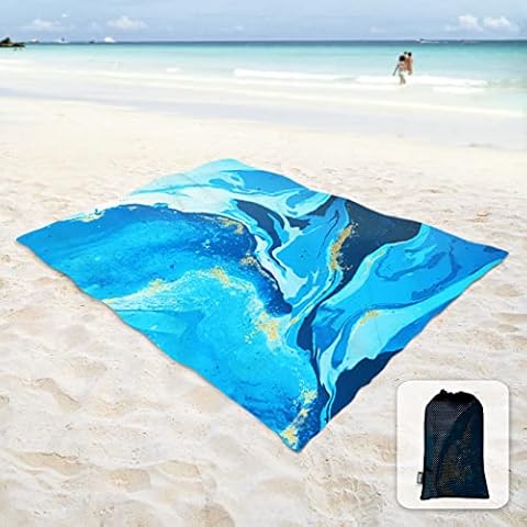 Sunlit Silky Soft 85"x72" Sand Proof Beach Blanket Sand Proof Mat with Corner Pockets and Mesh Bag for Beach Party, Travel, Camping and Outdoor Music Festival, Ocean Blue Water Flow, Quicksand Cover